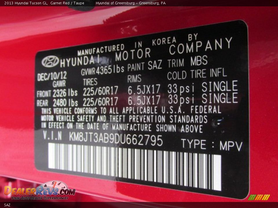Hyundai Color Code SAZ Garnet Red