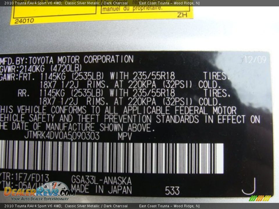 2010 Toyota RAV4 Sport V6 4WD Classic Silver Metallic / Dark Charcoal Photo #15