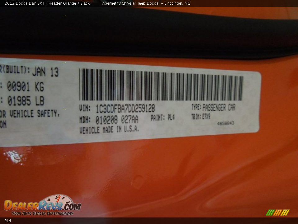 Dodge Color Code PL4 Header Orange