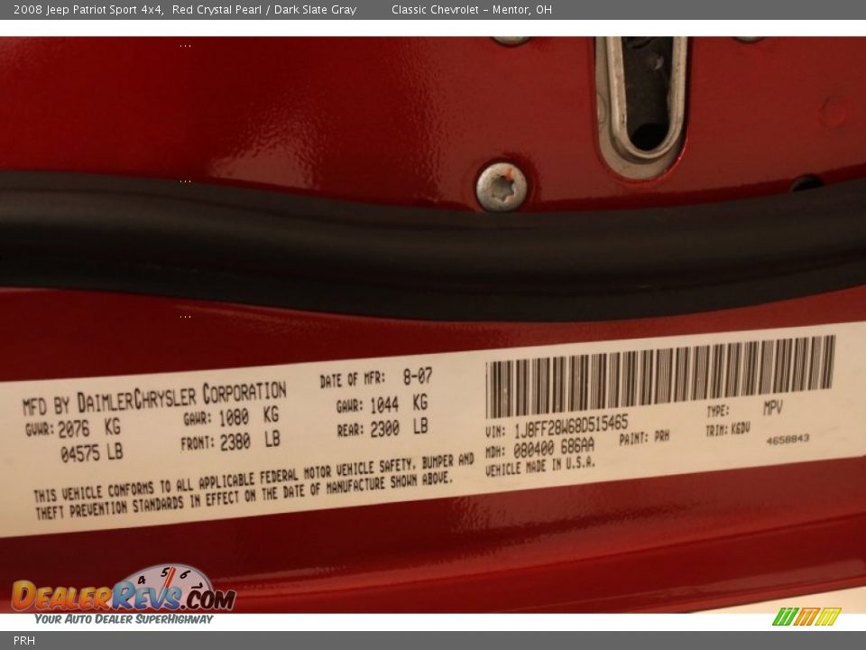 Jeep Color Code PRH Red Crystal Pearl