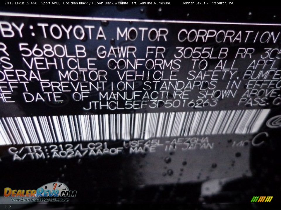 Lexus Color Code 212 Obsidian Black
