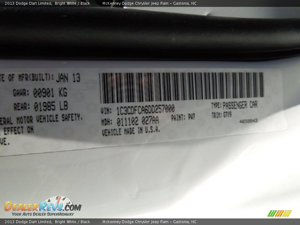 2013 Dodge Dart Limited Bright White / Black Photo #7