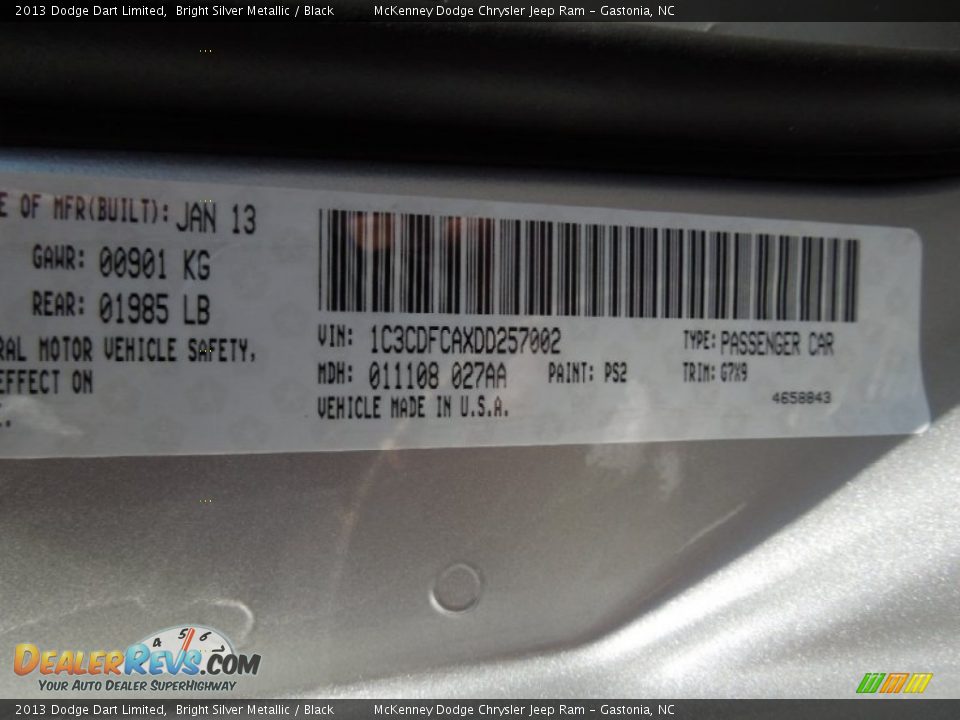 2013 Dodge Dart Limited Bright Silver Metallic / Black Photo #7