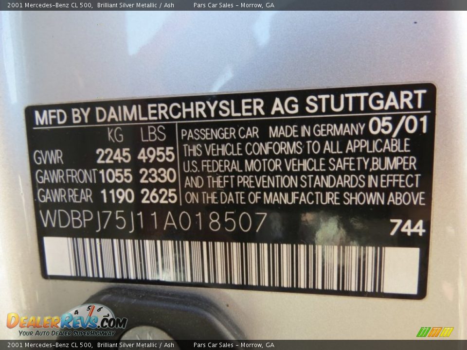 2001 Mercedes-Benz CL 500 Brilliant Silver Metallic / Ash Photo #16