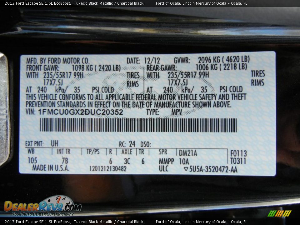 2013 Ford Escape SE 1.6L EcoBoost Tuxedo Black Metallic / Charcoal Black Photo #12