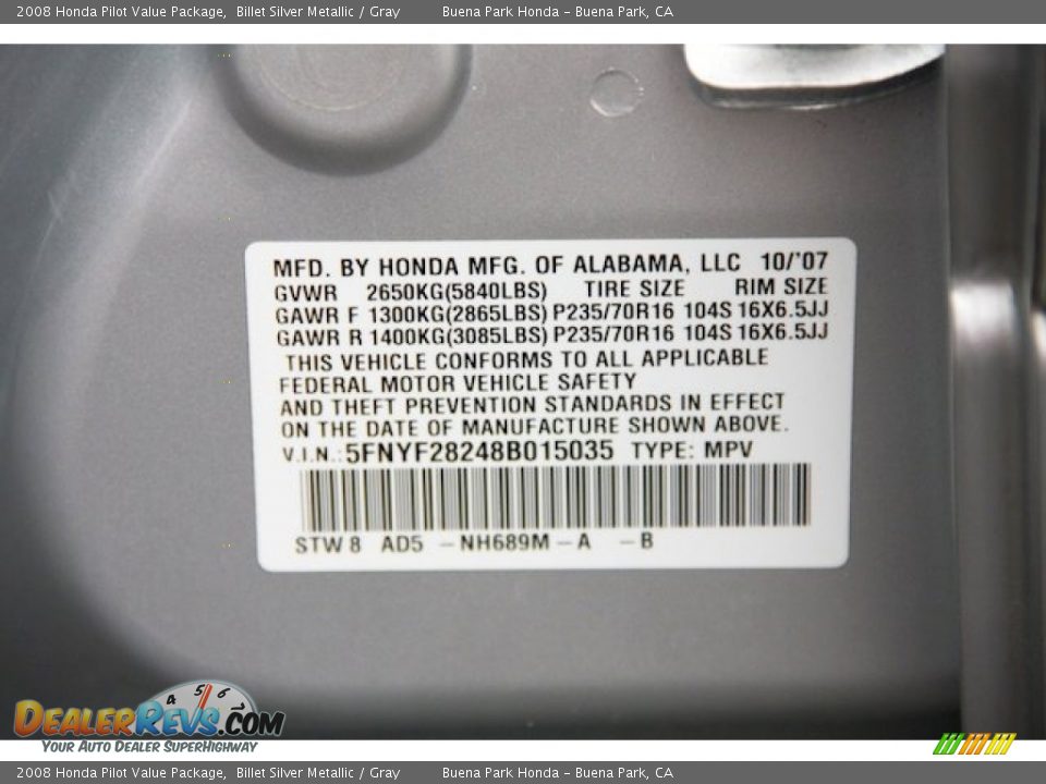 2008 Honda Pilot Value Package Billet Silver Metallic / Gray Photo #35