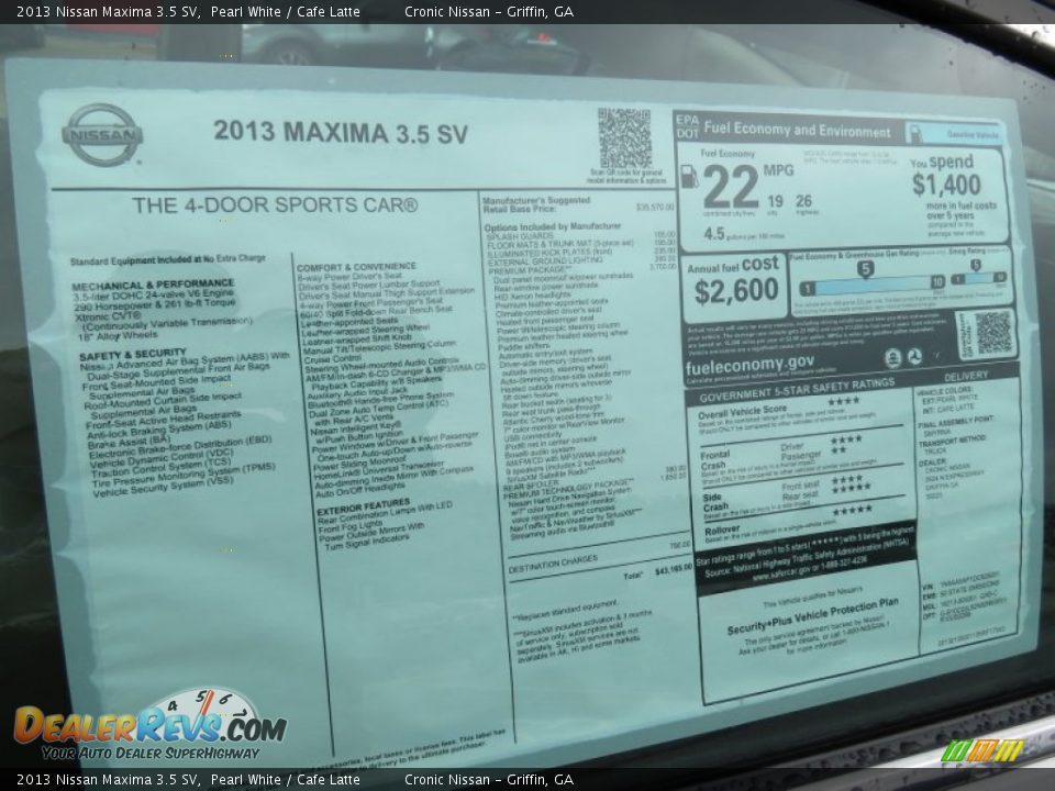 2013 Nissan Maxima 3.5 SV Pearl White / Cafe Latte Photo #12