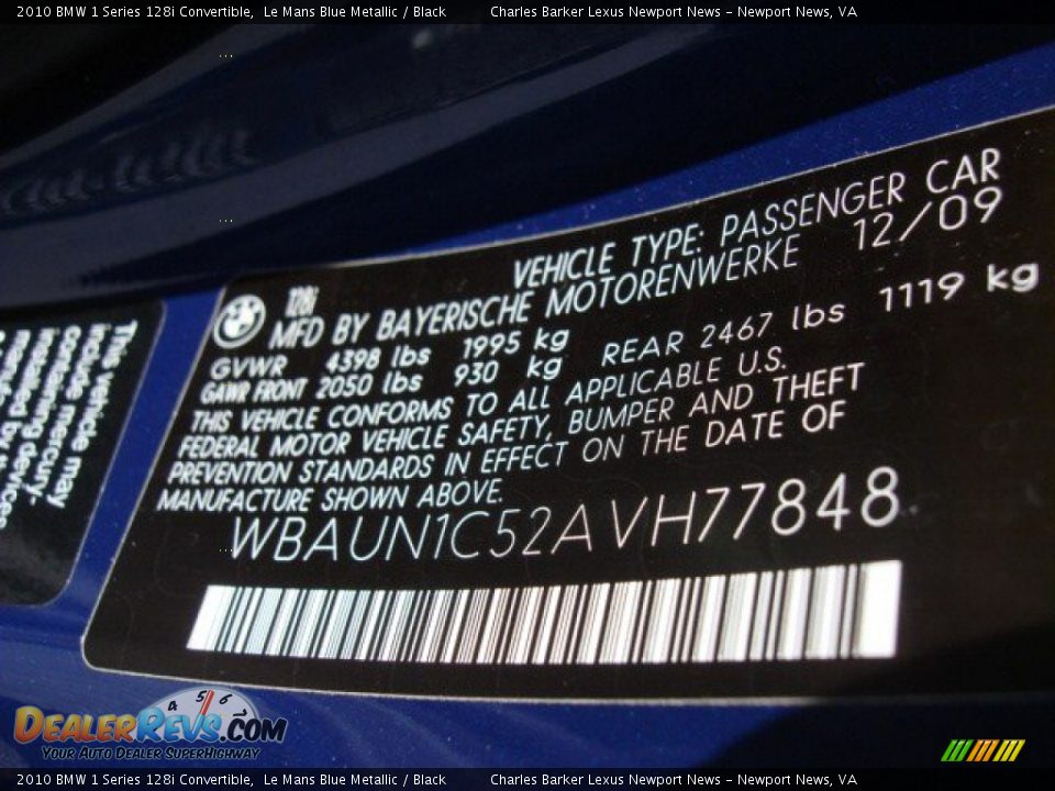 Info Tag of 2010 BMW 1 Series 128i Convertible Photo #28