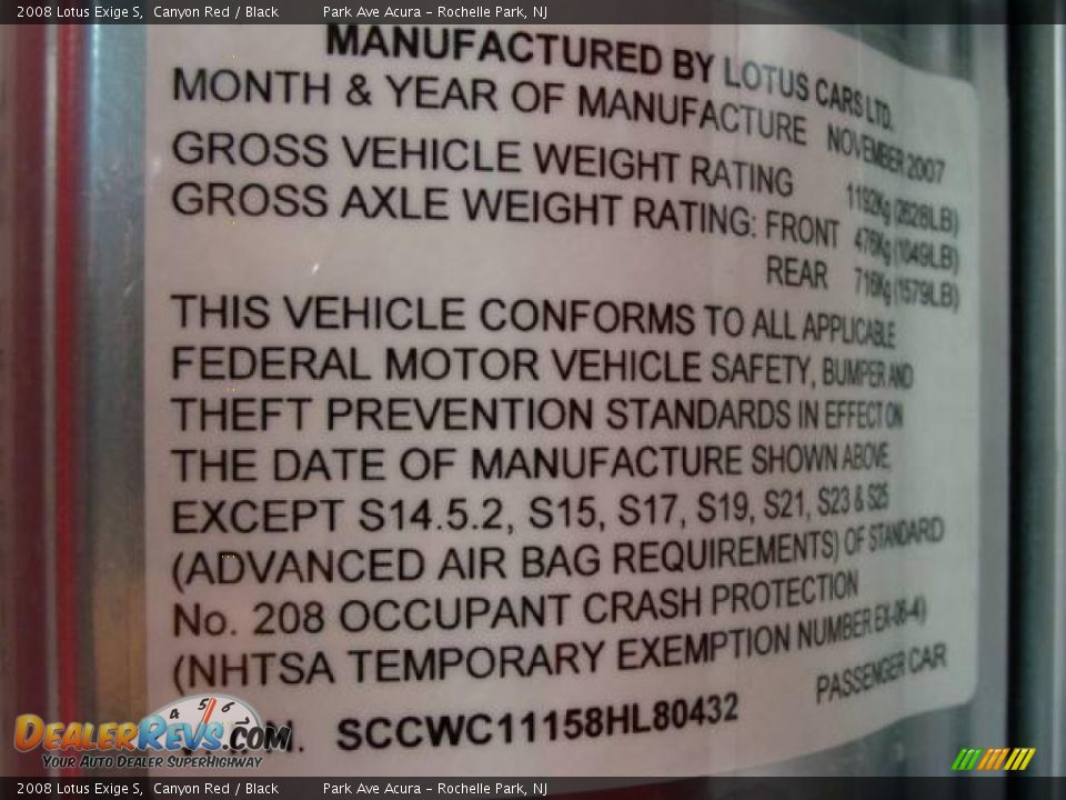 Info Tag of 2008 Lotus Exige S Photo #21