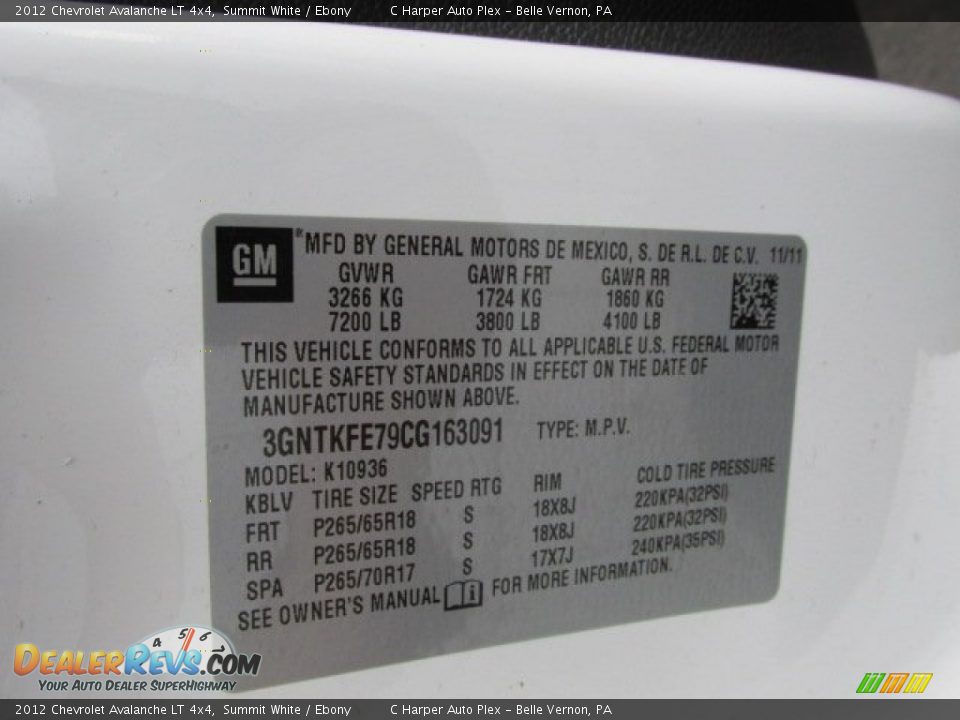 2012 Chevrolet Avalanche LT 4x4 Summit White / Ebony Photo #24