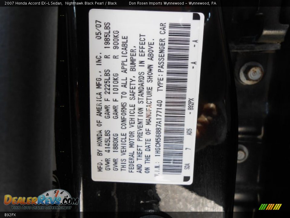 Honda Color Code B92PX Nighthawk Black Pearl