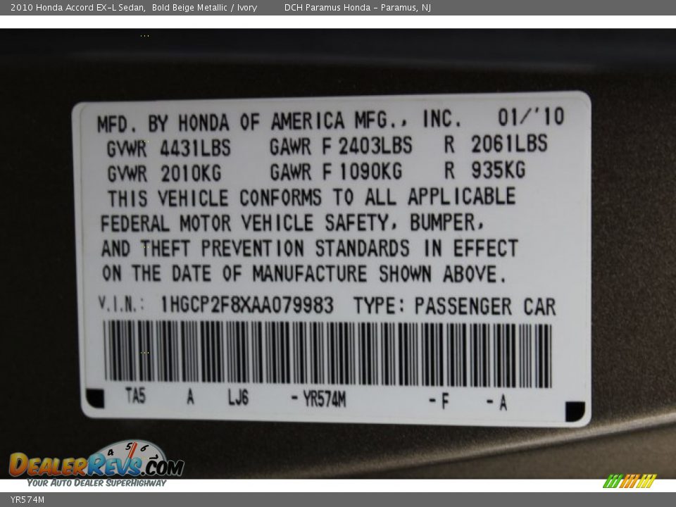 Honda Color Code YR574M Bold Beige Metallic