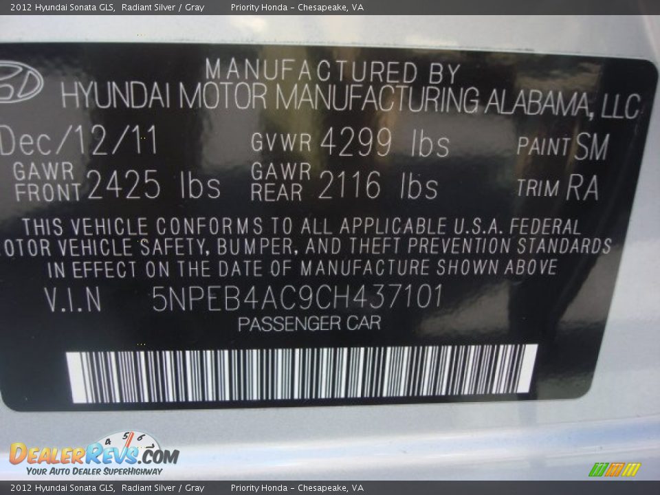 2012 Hyundai Sonata GLS Radiant Silver / Gray Photo #23
