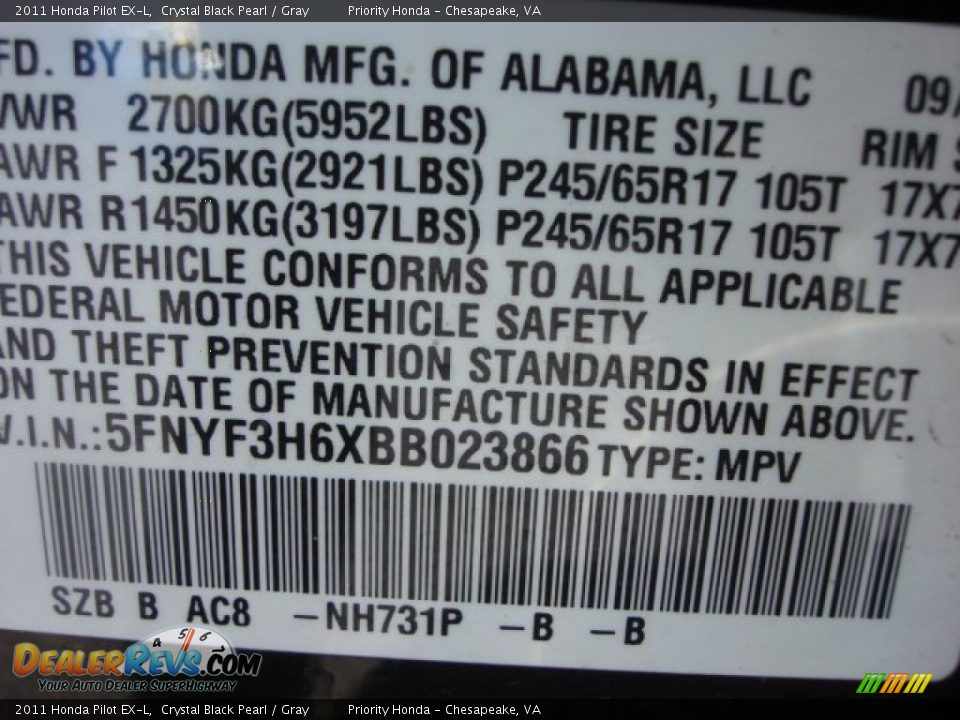 2011 Honda Pilot EX-L Crystal Black Pearl / Gray Photo #26
