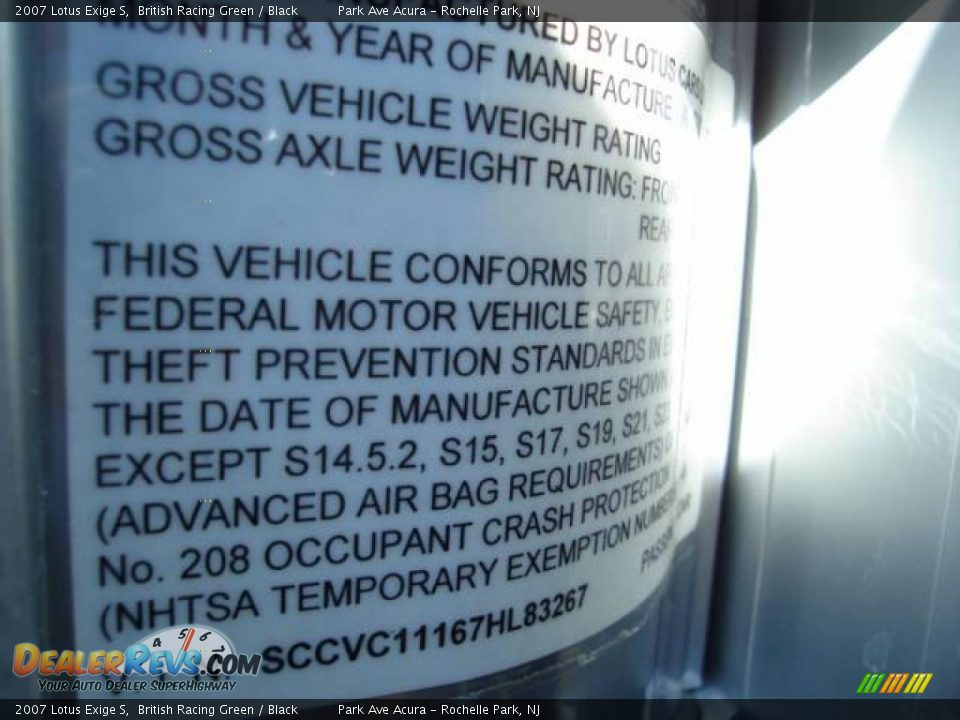 Info Tag of 2007 Lotus Exige S Photo #20