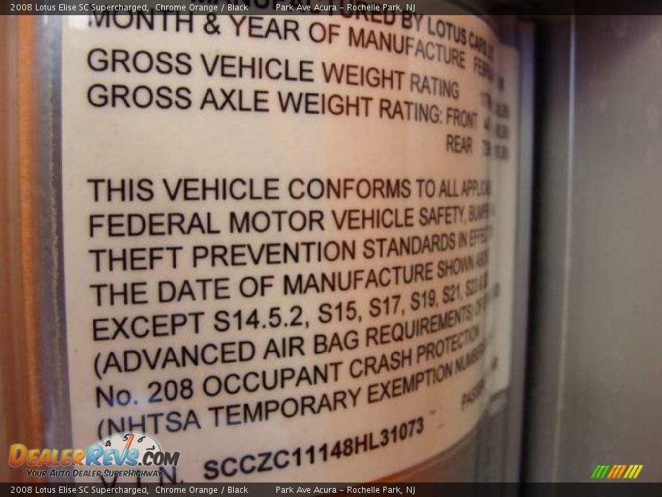 Info Tag of 2008 Lotus Elise SC Supercharged Photo #24