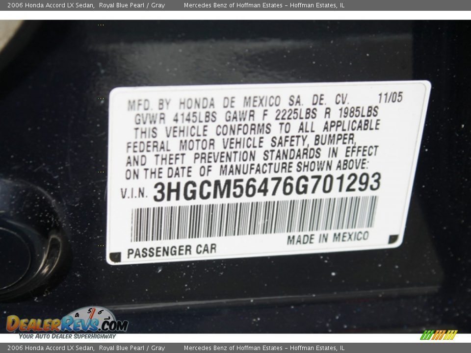 2006 Honda Accord LX Sedan Royal Blue Pearl / Gray Photo #30
