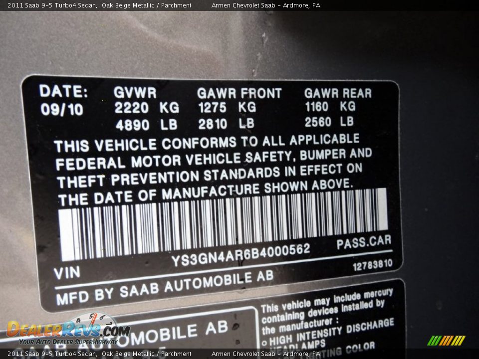 2011 Saab 9-5 Turbo4 Sedan Oak Beige Metallic / Parchment Photo #29
