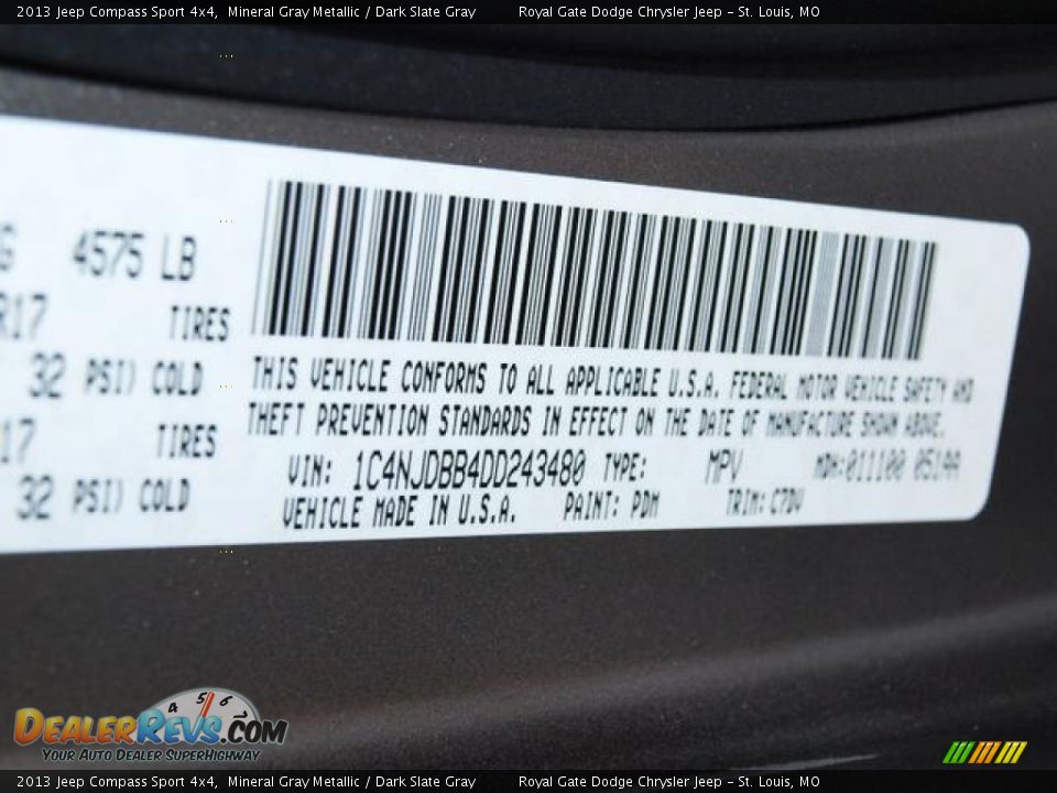 2013 Jeep Compass Sport 4x4 Mineral Gray Metallic / Dark Slate Gray Photo #7