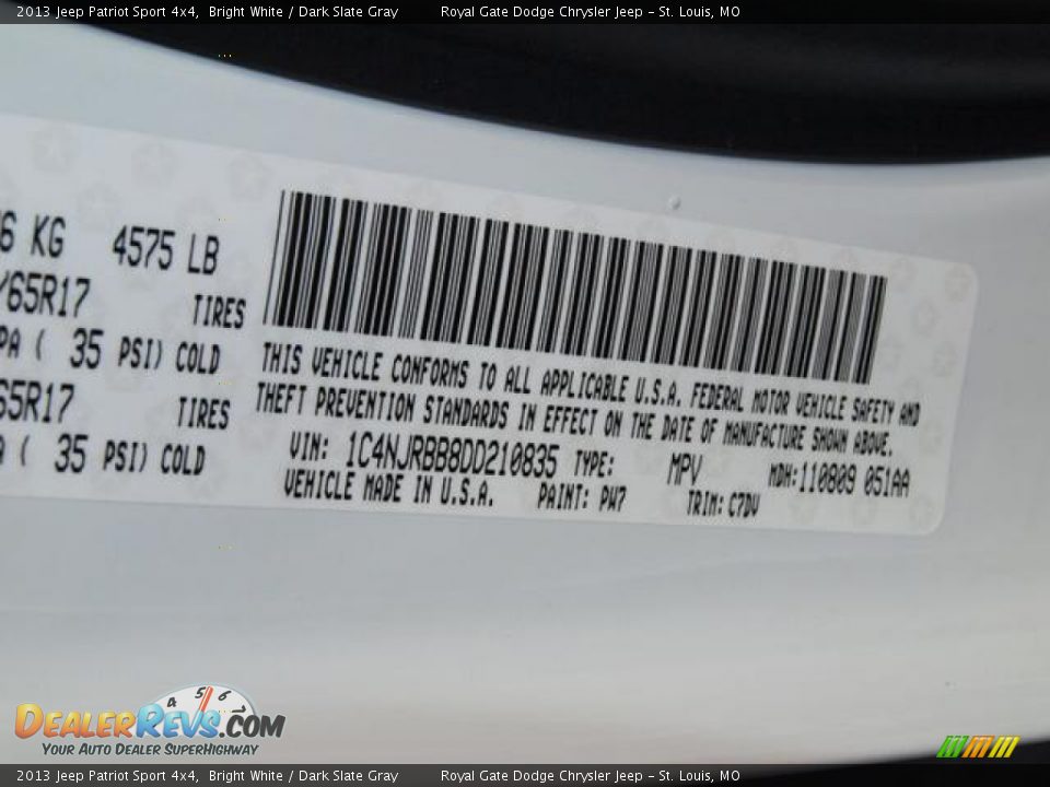2013 Jeep Patriot Sport 4x4 Bright White / Dark Slate Gray Photo #7