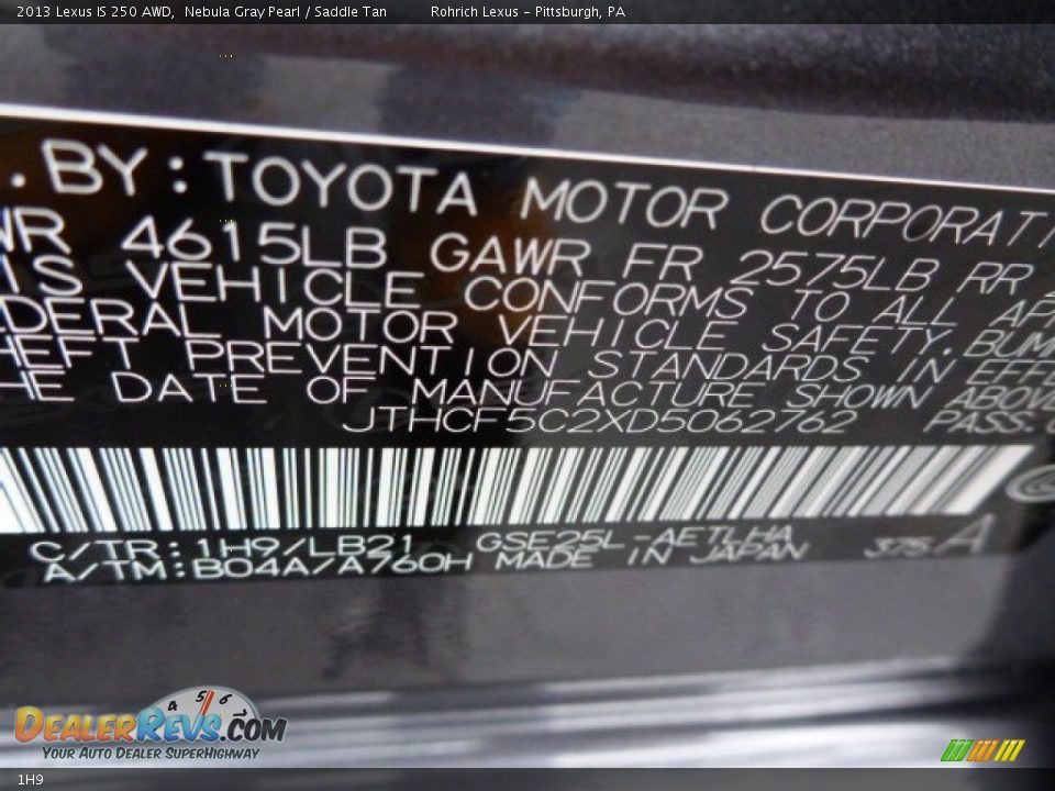 Lexus Color Code 1H9 Nebula Gray Pearl