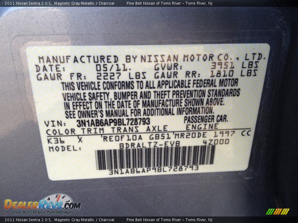 2011 Nissan Sentra 2.0 S Magnetic Gray Metallic / Charcoal Photo #11