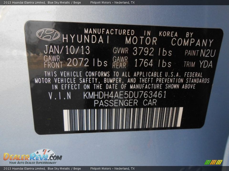 2013 Hyundai Elantra Limited Blue Sky Metallic / Beige Photo #36