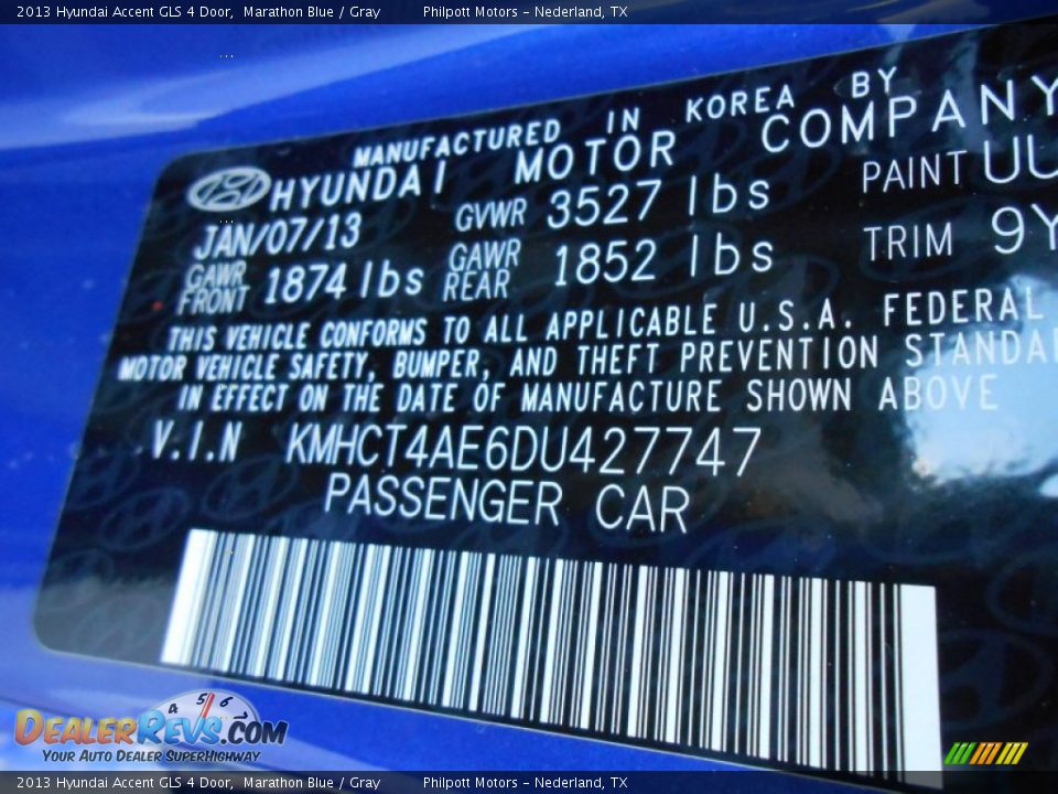 2013 Hyundai Accent GLS 4 Door Marathon Blue / Gray Photo #31