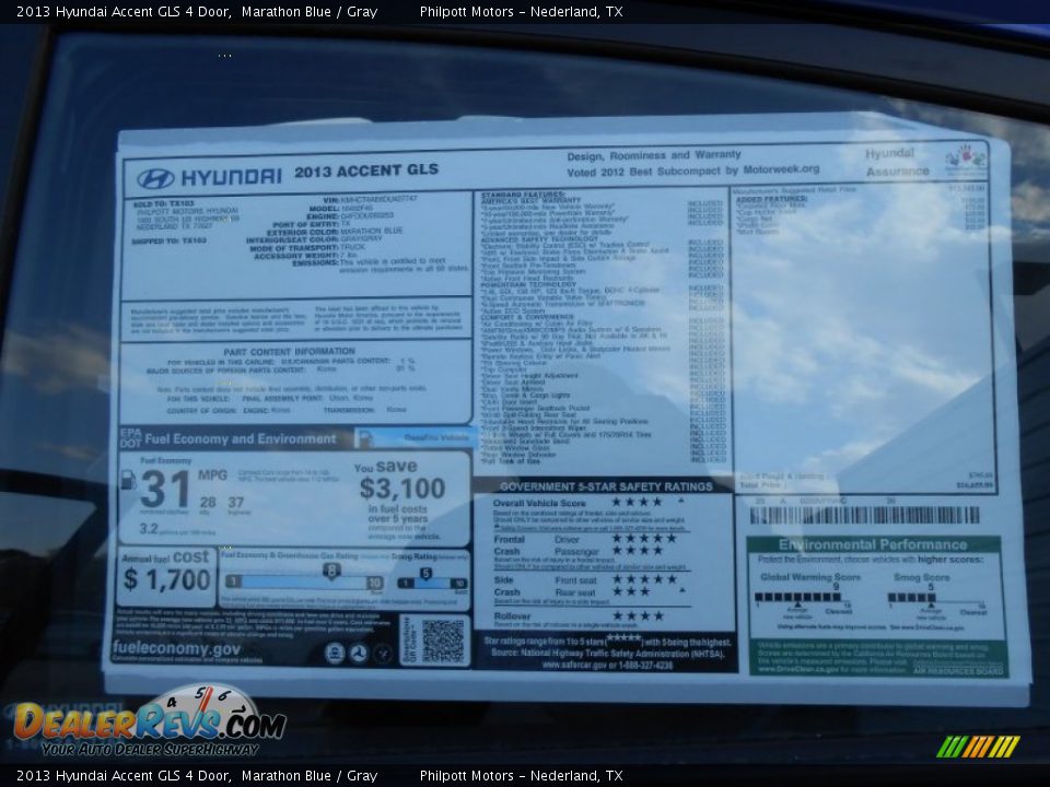 2013 Hyundai Accent GLS 4 Door Marathon Blue / Gray Photo #32