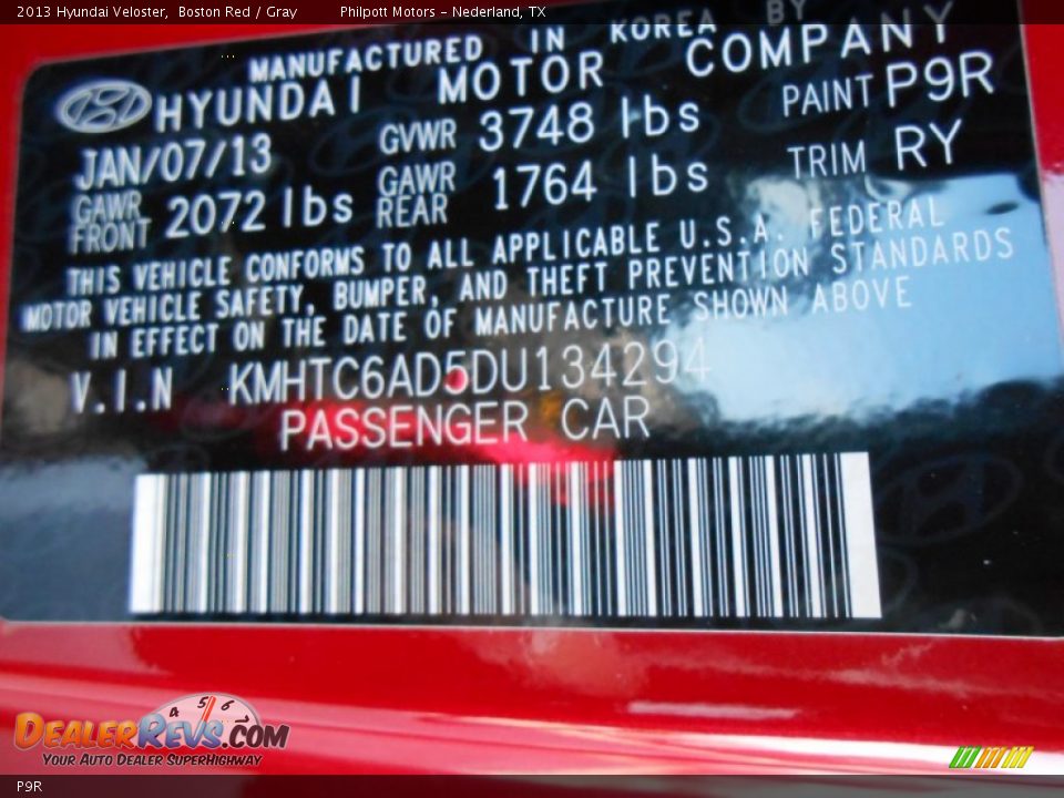 Hyundai Color Code P9R Boston Red