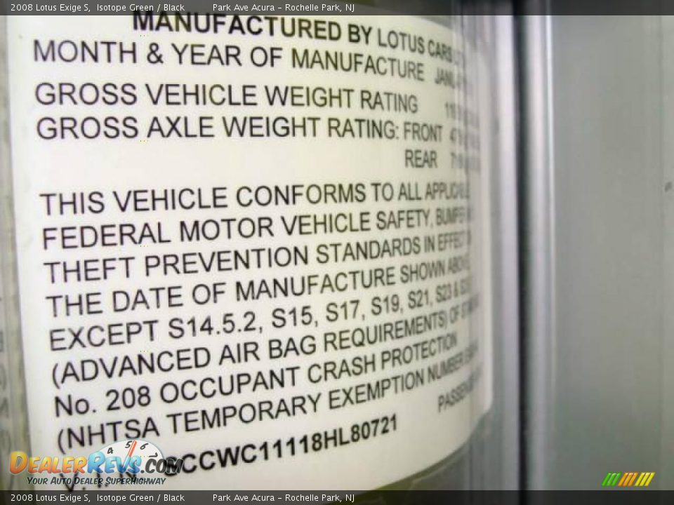 Info Tag of 2008 Lotus Exige S Photo #19