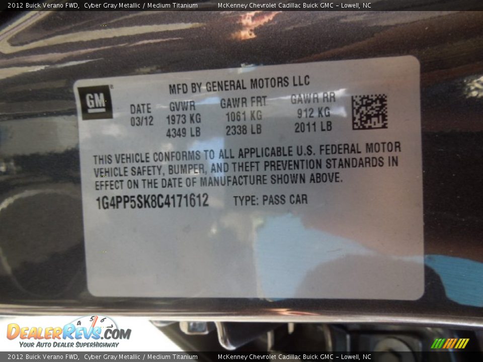 2012 Buick Verano FWD Cyber Gray Metallic / Medium Titanium Photo #7