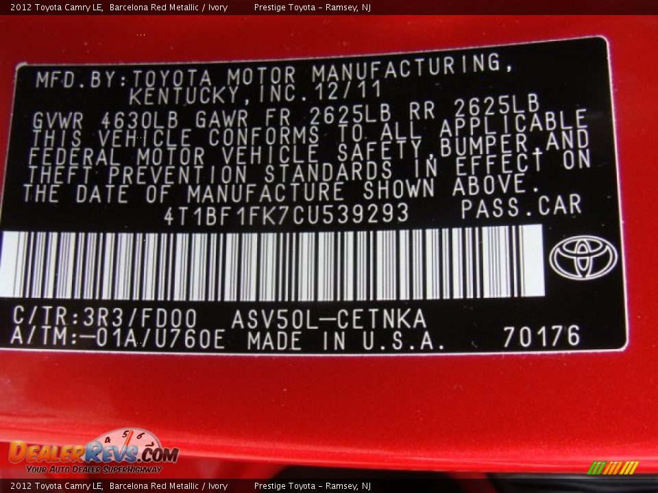 2012 Toyota Camry LE Barcelona Red Metallic / Ivory Photo #15