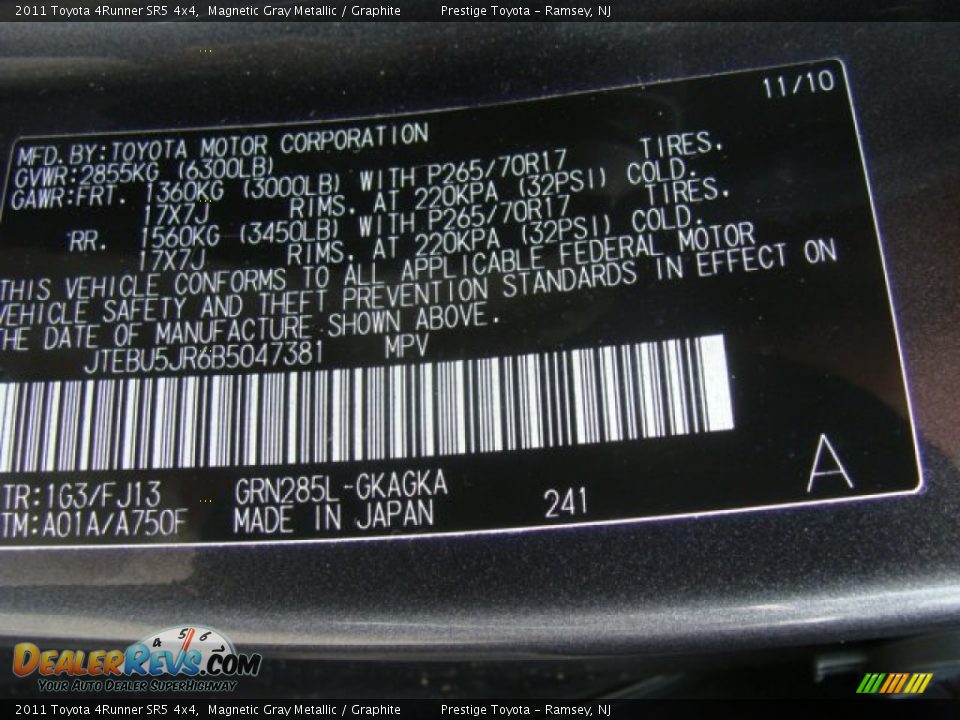 2011 Toyota 4Runner SR5 4x4 Magnetic Gray Metallic / Graphite Photo #15