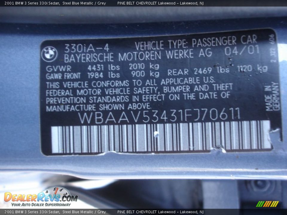 2001 BMW 3 Series 330i Sedan Steel Blue Metallic / Grey Photo #15
