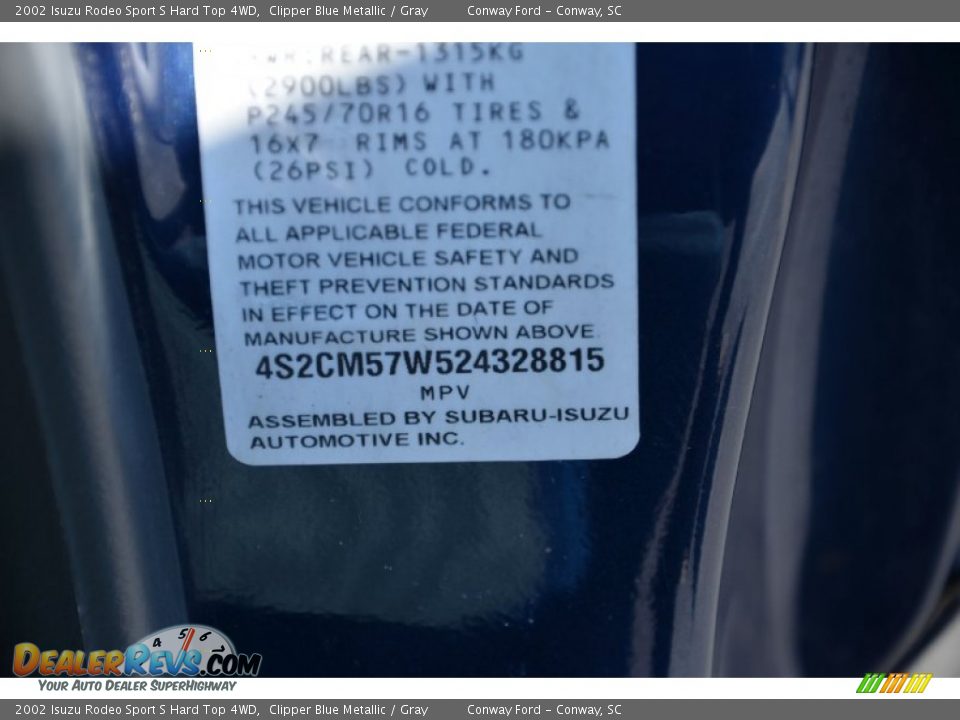 2002 Isuzu Rodeo Sport S Hard Top 4WD Clipper Blue Metallic / Gray Photo #24