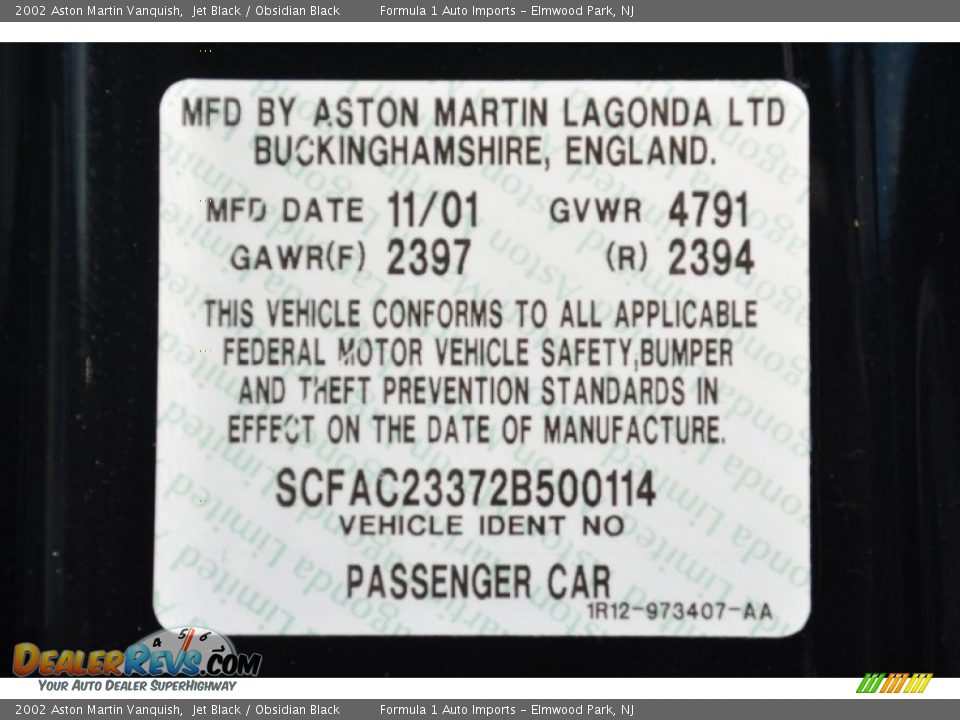 Info Tag of 2002 Aston Martin Vanquish  Photo #27