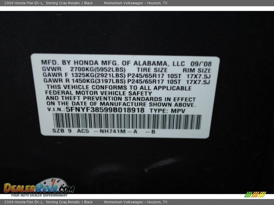 2009 Honda Pilot EX-L Sterling Gray Metallic / Black Photo #36