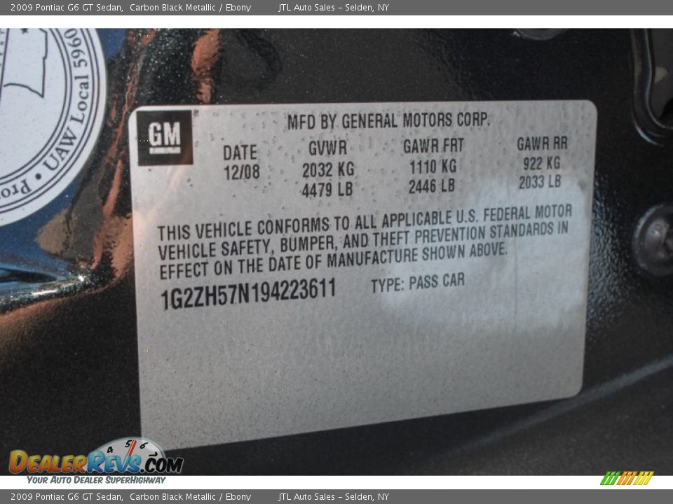 2009 Pontiac G6 GT Sedan Carbon Black Metallic / Ebony Photo #19