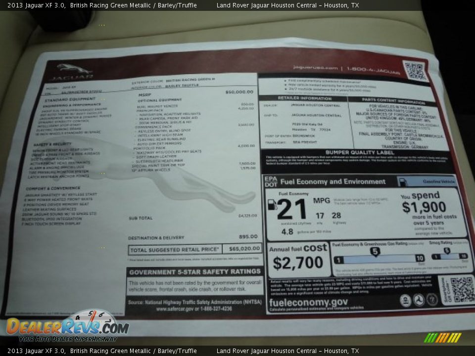 2013 Jaguar XF 3.0 Window Sticker Photo #21