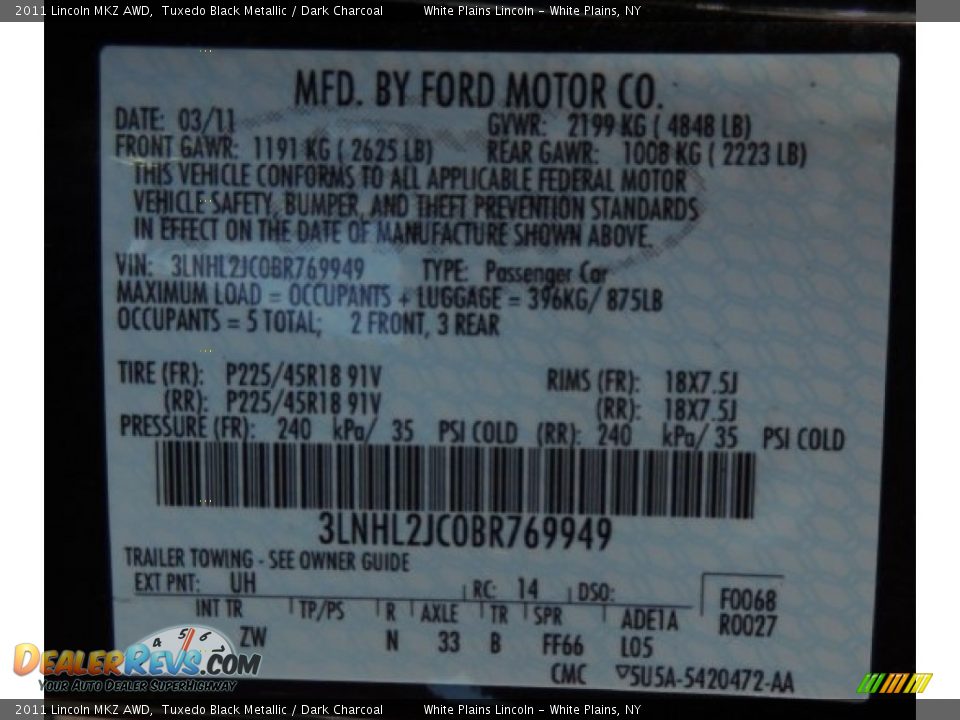 2011 Lincoln MKZ AWD Tuxedo Black Metallic / Dark Charcoal Photo #29