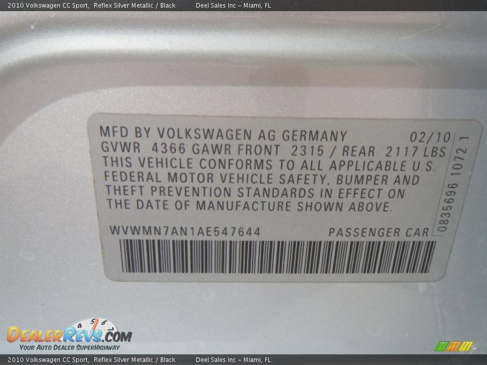 2010 Volkswagen CC Sport Reflex Silver Metallic / Black Photo #14