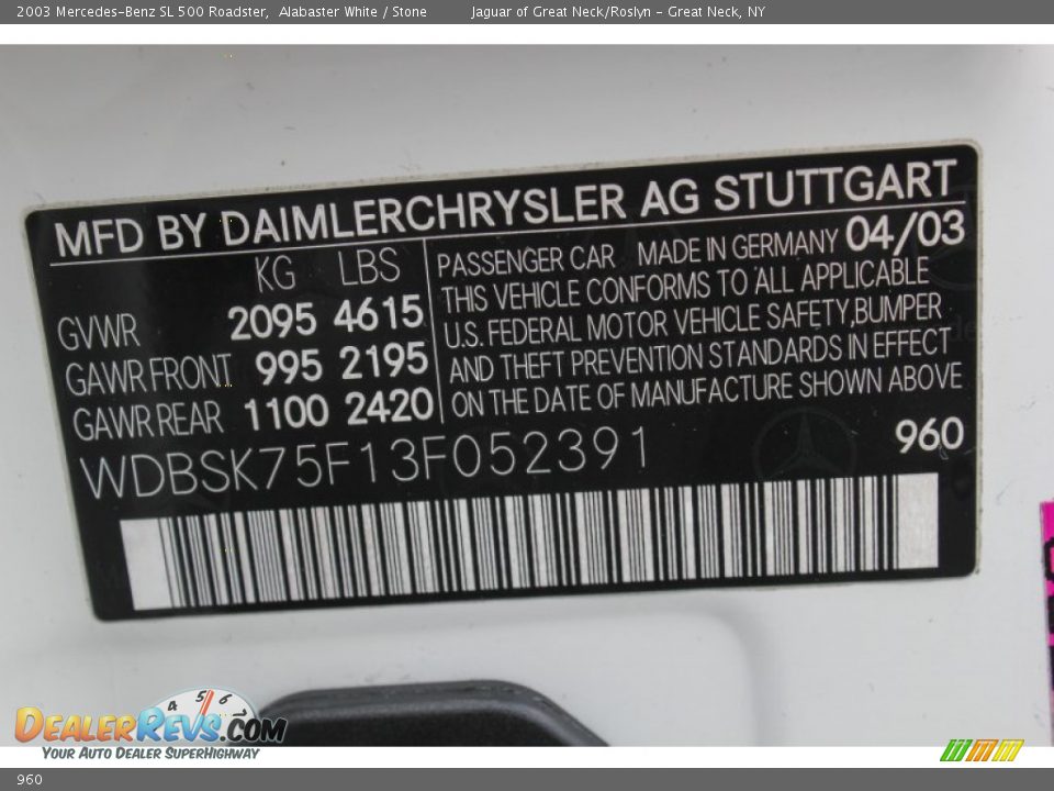 Mercedes-Benz Color Code 960 Alabaster White