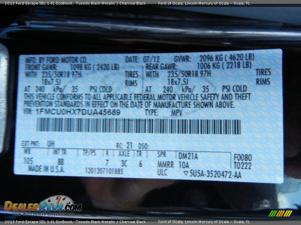 2013 Ford Escape SEL 1.6L EcoBoost Tuxedo Black Metallic / Charcoal Black Photo #13