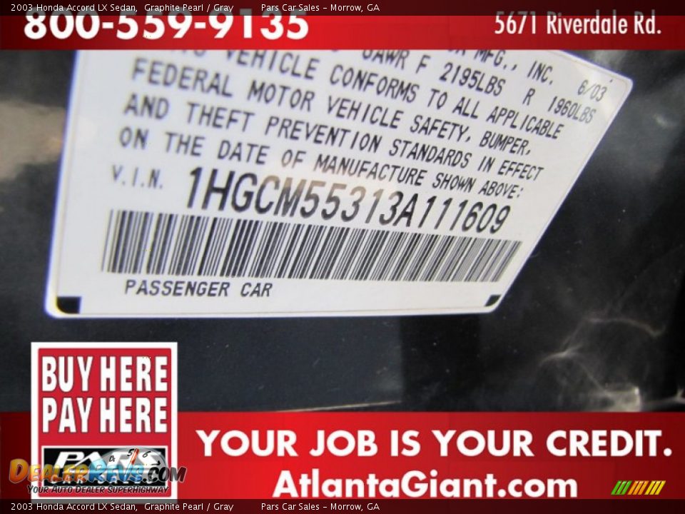 2003 Honda Accord LX Sedan Graphite Pearl / Gray Photo #13