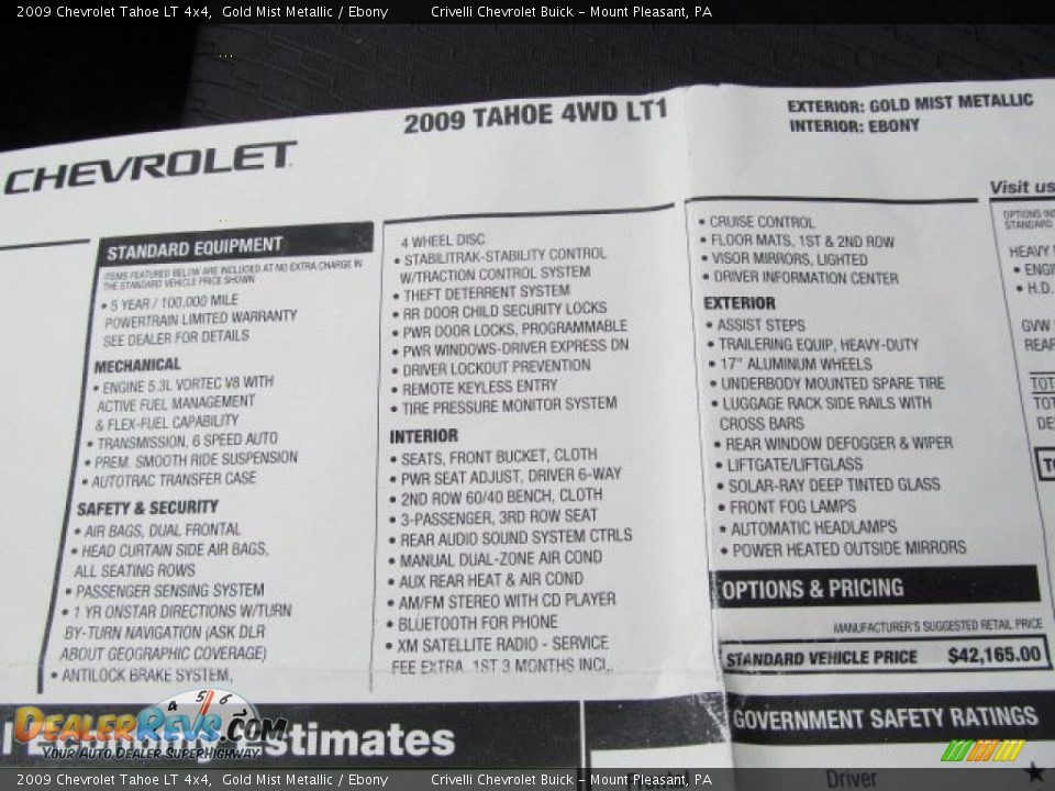 2009 Chevrolet Tahoe LT 4x4 Window Sticker Photo #34