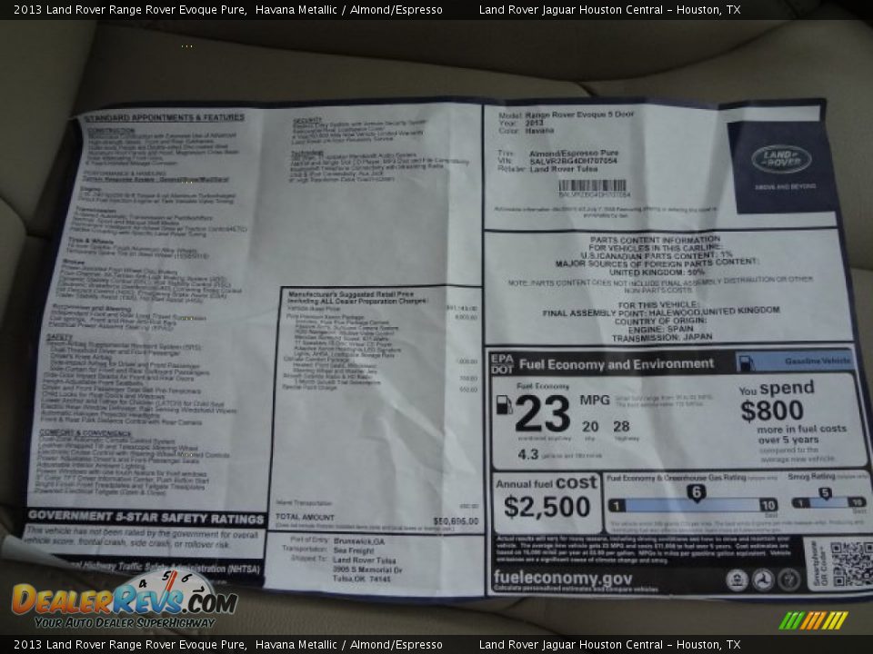 2013 Land Rover Range Rover Evoque Pure Window Sticker Photo #21