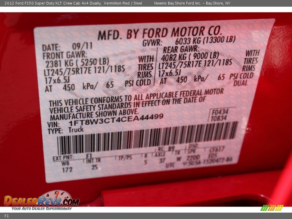 Ford Color Code F1 Vermillion Red