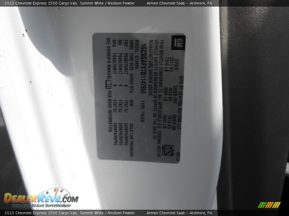 2013 Chevrolet Express 1500 Cargo Van Summit White / Medium Pewter Photo #15