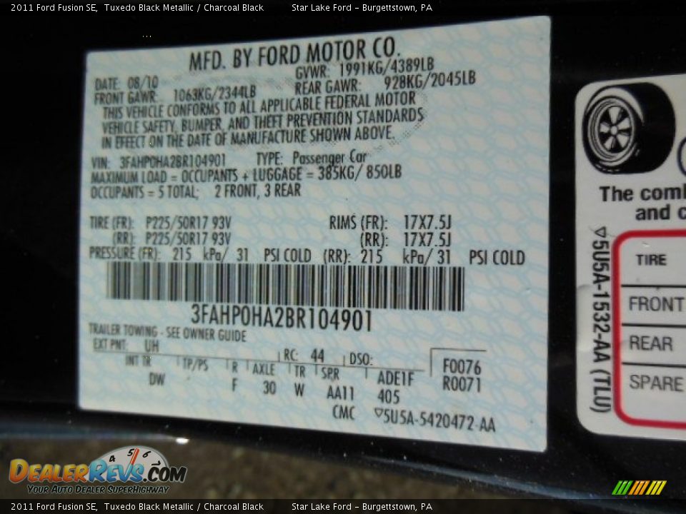 2011 Ford Fusion SE Tuxedo Black Metallic / Charcoal Black Photo #15